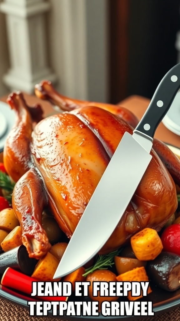 A roasted duck on a platter with a knife, surrounded by roasted vegetables.